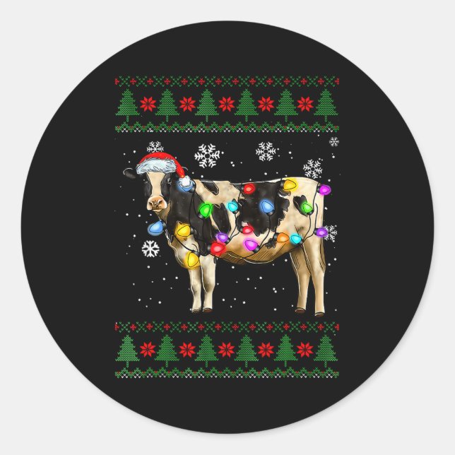 Pegatina Redonda Cute Cow Santa Christmas Lights Ugly Xmas Sweater  (Anverso)