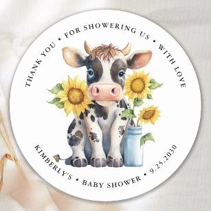 Pegatina Redonda Cute Cow Sunflowers Moderno Simple Farm Baby Showe