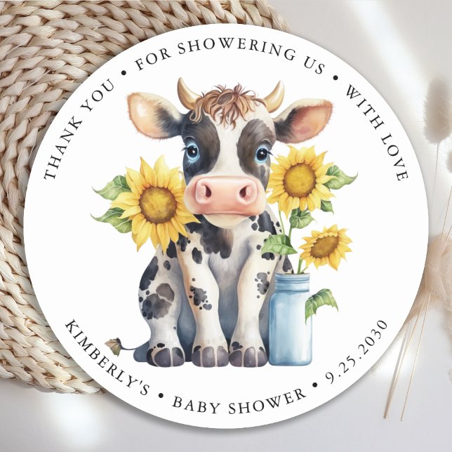 Pegatina Redonda Cute Cow Sunflowers Sencillo Farm Baby Shower Mode (Subido por el creador)