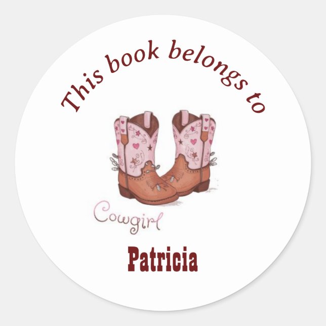 Pegatina Redonda Cute CowGirl Boots Este Libro Pertenece A (Anverso)