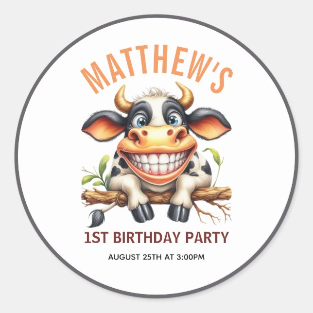 Pegatina Redonda Cute Crazy Cow Farm Theme 1st Birthday (Anverso)