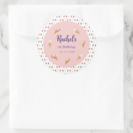 Pegatina Redonda Cute crema rosa de helado Cone Chica Cumpleaños