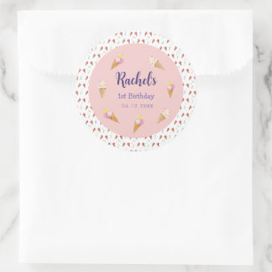 Pegatina Redonda Cute crema rosa de helado Cone Chica Cumpleaños