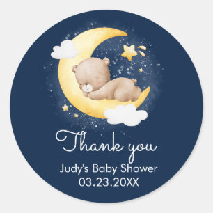 Pegatina Redonda Cute Crescent Navy Moon Teddy Bear Baby Shower