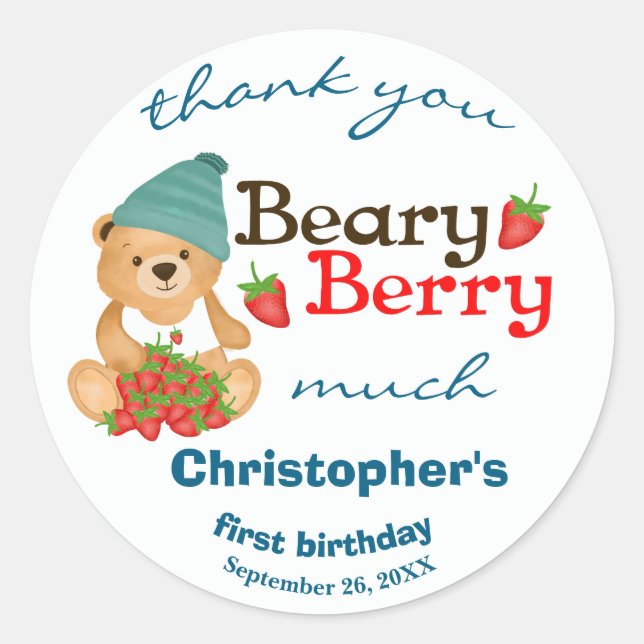 Pegatina Redonda Cute Cub Fresas Beary Berry Primer cumpleaños (Anverso)