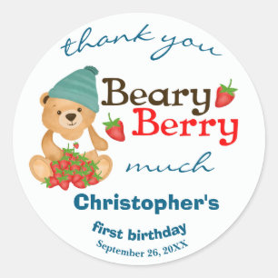 Pegatina Redonda Cute Cub Fresas Beary Berry Primer cumpleaños