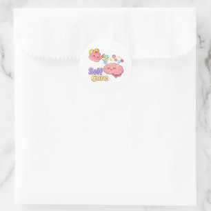 Pegatina Redonda Cute "Cuidado Personal" Cerebro con Flores Sticker