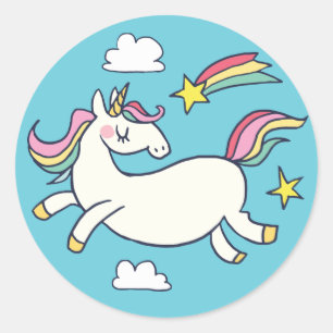 Pegatina Redonda Cute cumpleaños Doodle Rainbow Unicorn y estrellas