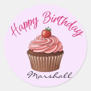 Pegatina Redonda Cute Cupcake de Fresa Rosa Feliz Cumpleaños Redond