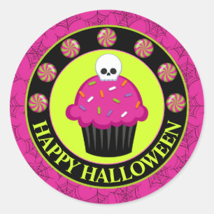 Pegatina Redonda Cute cupcake de Halloween de cráneo rosa y verde