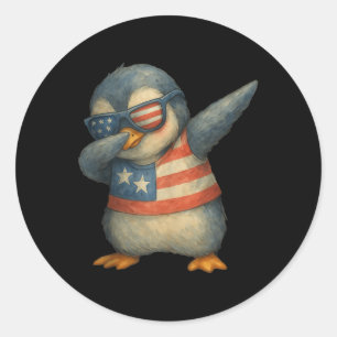 Pegatina Redonda Cute Dabbing Pingüino 4 De Julio Bandera Estadouni