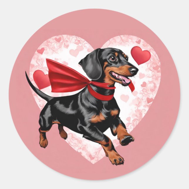Pegatina Redonda Cute Dachshund Día de San Valentín  (Anverso)