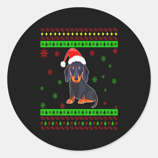 Pegatina Redonda Cute Dachshund Long Dog Mom Merry Xmas New Year  (Anverso)