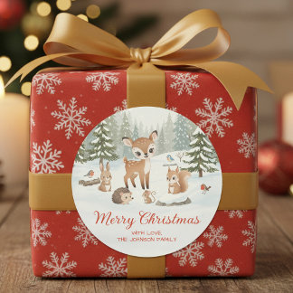 Pegatina Redonda Cute Deer and Woodland Animals Merry Christmas