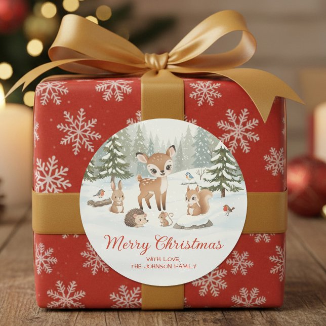 Pegatina Redonda Cute Deer and Woodland Animals Merry Christmas (Subido por el creador)