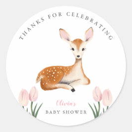 Pegatina Redonda Cute Deer Pink Floral Baby Shower