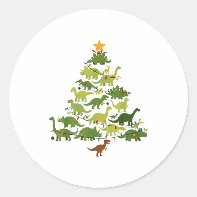 Pegatina Redonda Cute Dino Christmas Tree Merry Dinomas Xmas Lights (Anverso)