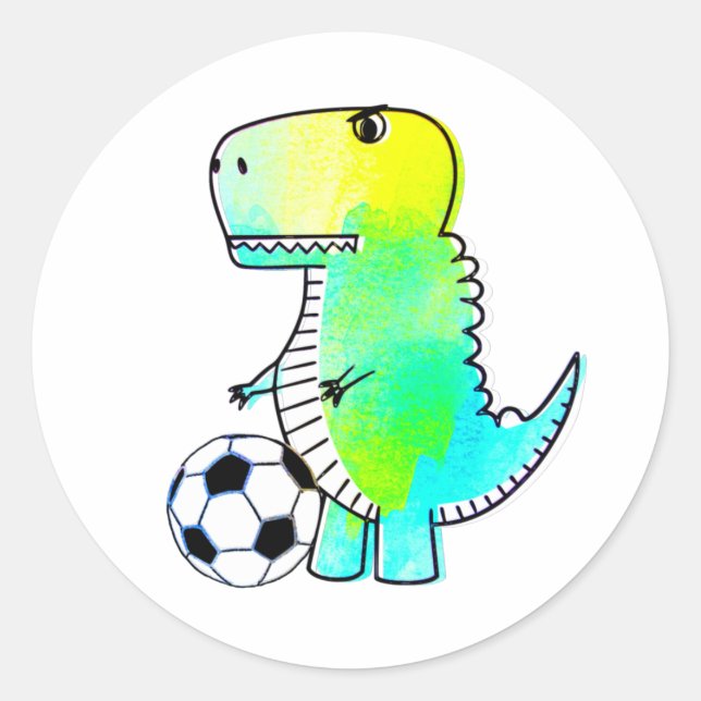 Pegatina Redonda Cute Dinosaur ama al fútbol acuarela (Anverso)