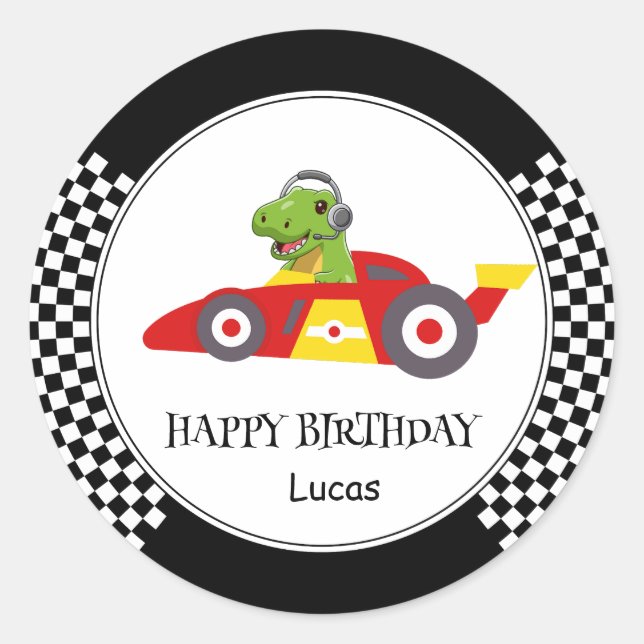 Pegatina Redonda Cute Dinosaur Birday racing car boy nombre (Anverso)