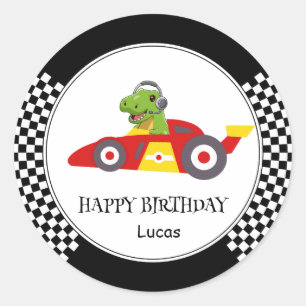 Pegatina Redonda Cute Dinosaur Birday racing car boy nombre