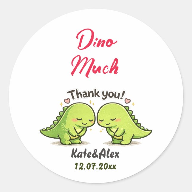 Pegatina Redonda Cute Dinosaur Couple Wedding Thank You (Anverso)