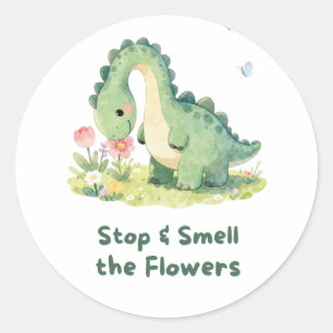 Pegatina Redonda Cute Dinosaur Detente y Huele las Flores Sticker