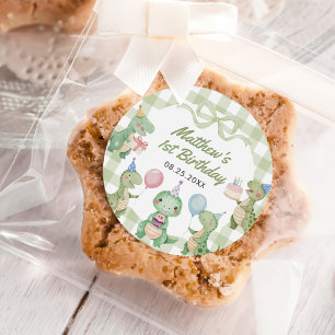 Pegatina Redonda Cute Dinosaur Gingham Primer Fiesta de Cumpleaños