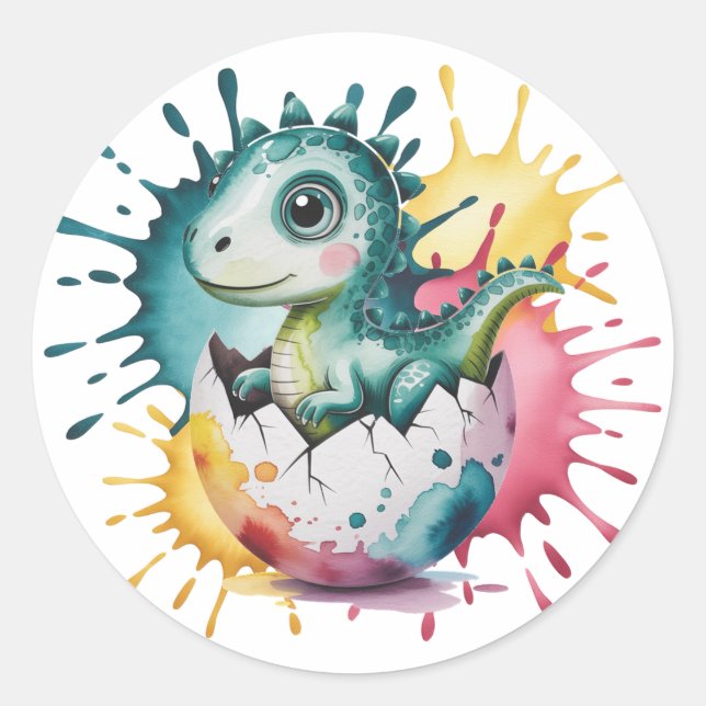 Pegatina Redonda Cute Dinosaur with Watercolor Splash Baby Shower (Anverso)