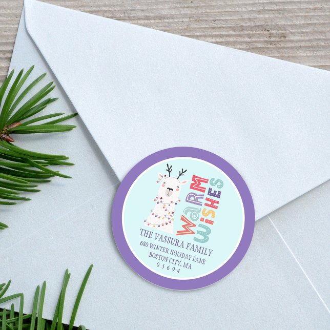 Pegatina Redonda Cute Dirección de Devolución de Llama de Navidad M (Cute Modern Christmas Llama Return Address Classic Round Sticker)