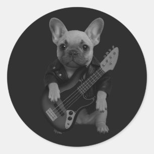 Pegatina Redonda Cute Divertido French Bulldog Bajista Rocker Fatig