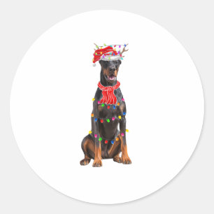 Pegatina Redonda Cute Doberman Árbol de Navidad Ilumina Perro Lover