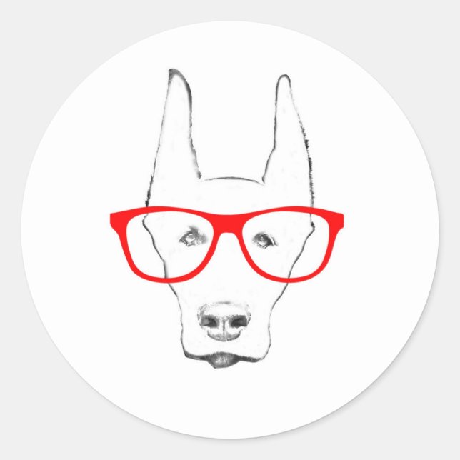 Pegatina Redonda Cute Doberman Pinscher Dog Face w Spectacle Sketch (Anverso)