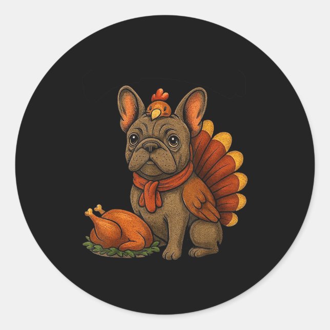 Pegatina Redonda Cute Dog Frenchie Thanksgiving Kids Teen Girl Boy  (Anverso)