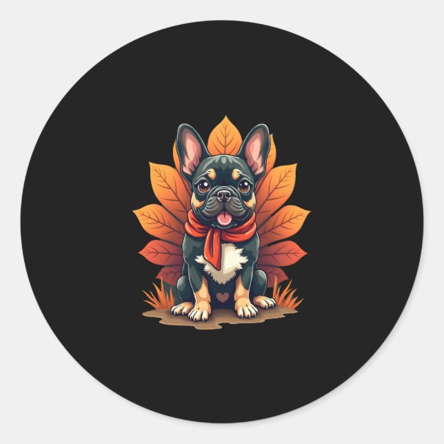 Pegatina Redonda Cute Dog Frenchie Thanksgiving Kids Teen Girl Boy  (Anverso)