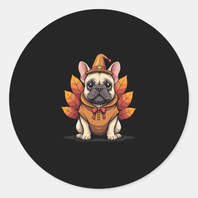 Pegatina Redonda Cute Dog Frenchie Thanksgiving Kids Teen Girl Boy  (Anverso)