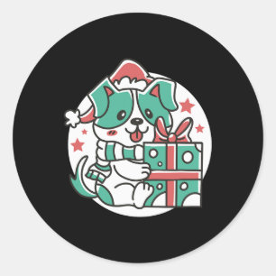 Pegatina Redonda Cute Dog Santa Hat - Funny Navidades