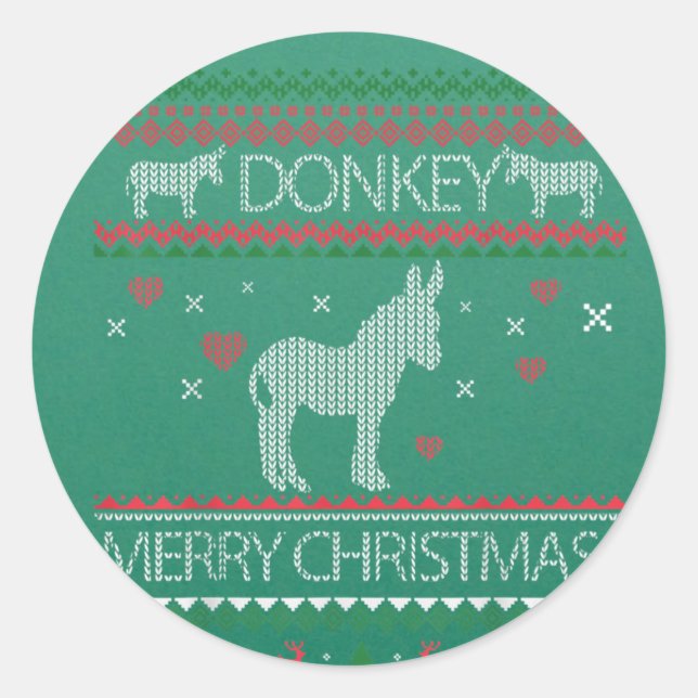 Pegatina Redonda Cute Donkey Ugly Sweater Christmas Holiday Winter (Anverso)