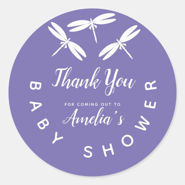 Pegatina Redonda Cute Dragonflies Purple Baby Shower Gracias (Anverso)