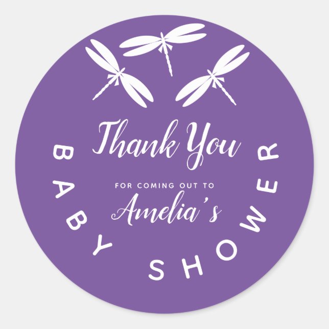 Pegatina Redonda Cute Dragonflies Purple Baby Shower Gracias Cla (Anverso)