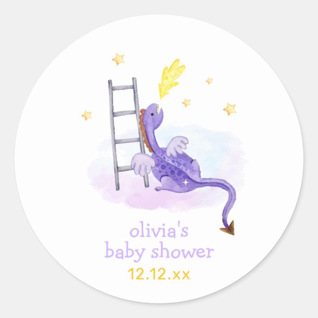Pegatina Redonda Cute Dreamy Fairytale Dragon Stars Baby Shower (Anverso)