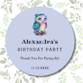 Pegatina Redonda Cute Dusty Blue Owl Kids Cumpleaños Gracias