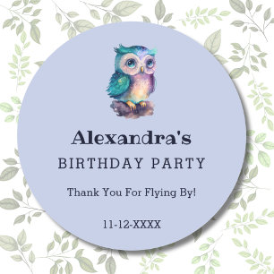 Pegatina Redonda Cute Dusty Blue Owl Kids Cumpleaños Gracias