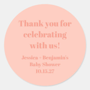 Pegatina Redonda Cute Dusty Peach Baby Shower Personalizado Gracias