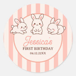 Pegatina Redonda Cute Easter Bunnies Pink Girl 1st Birthday Party