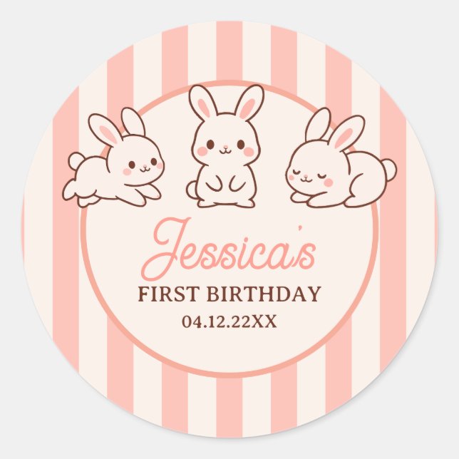 Pegatina Redonda Cute Easter Bunnies Pink Girl 1st Birthday Party (Anverso)