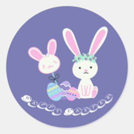 Pegatina Redonda Cute Easter Bunnies y Ilustracion de huevos