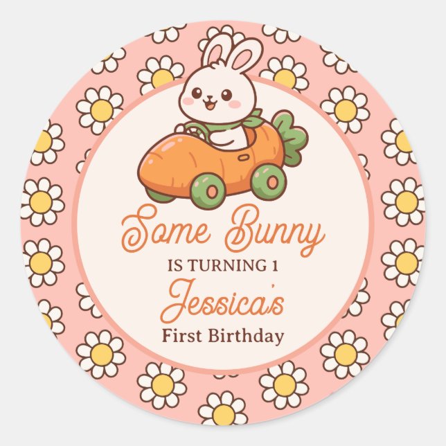 Pegatina Redonda Cute Easter Bunny Baby Girl 1st Birthday Party (Anverso)