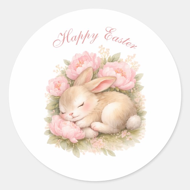 Pegatina Redonda Cute Easter Bunny Rabbit Pink Blush Peony (Anverso)