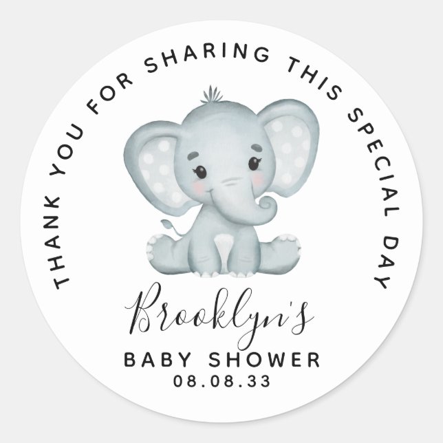 Pegatina Redonda Cute Elephant Baby Shower Gracias (Anverso)