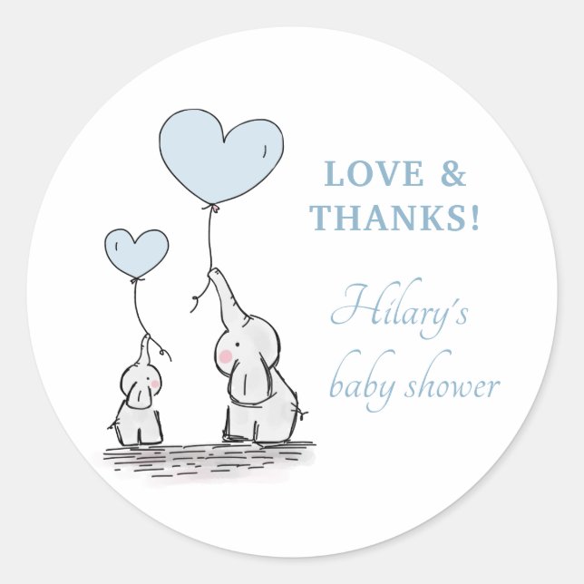 Pegatina Redonda Cute Elephant Blue Heart Balloons Boy Baby Shower (Anverso)